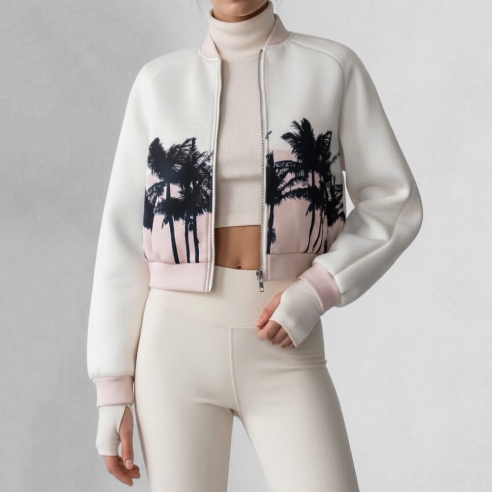 Missguided Neoprene Cropped Bomber Jacket 4 Palm Tree Pastel Pink White Black